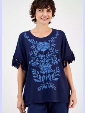 JM Collection Navy Tunic with Bright Blue Floral Embroidery and Fringe